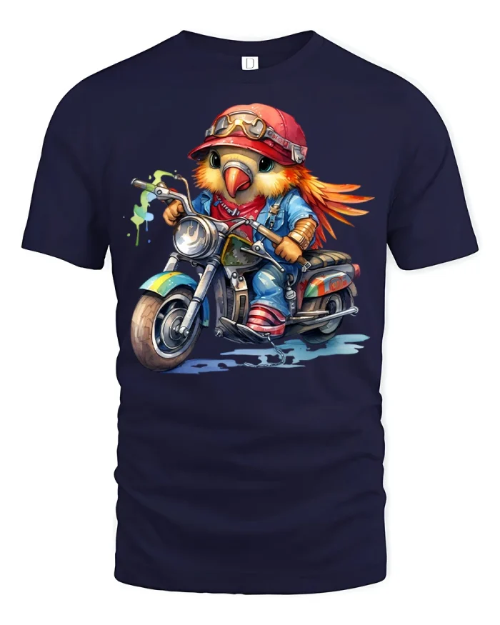Cool Biker Parrot Riding Motorcycle Graphic T Shirt - navy t-shirt on white background
