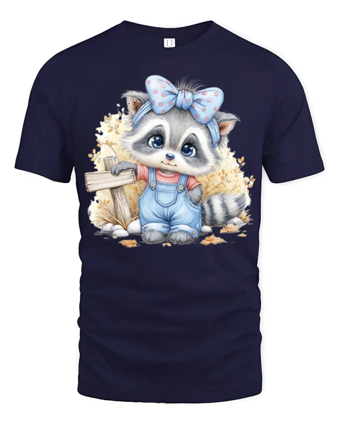 Cute Raccoon Girl Cartoon Graphic T Shirt - navy t-shirt on white background
