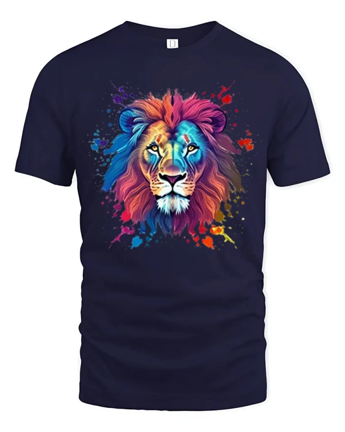 Colorful Lion Head Paint Splash Graphic T Shirt - navy t-shirt on white background