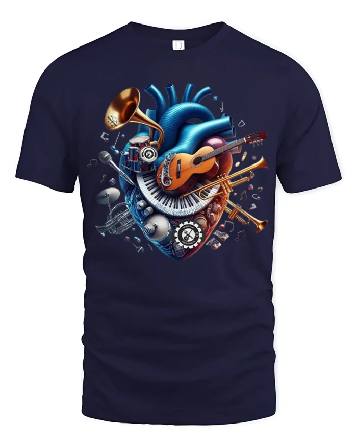 Musical Heart Instruments Artistic Graphic T Shirt - navy t-shirt on white background