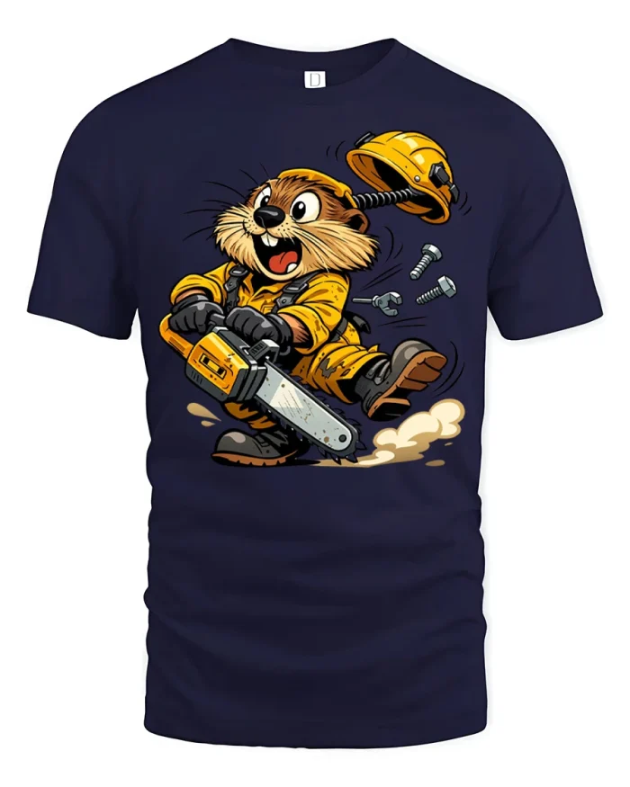 Funny Beaver Construction Worker Chainsaw T Shirt - navy t-shirt on white background
