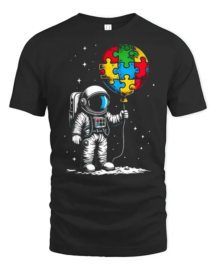 Cosmic Puzzle Balloon Astronaut T Shirt Graphic - black t-shirt on white background