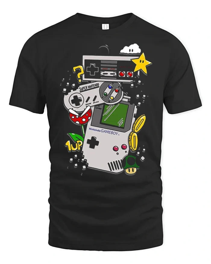 Retro Gaming Console Collage T Shirt Classic Gamer Art - black t-shirt on white background