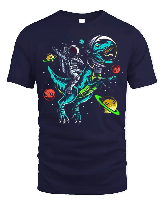 Astronaut Riding Dinosaur Graphic T Shirt Space Adventure - navy t-shirt on white background