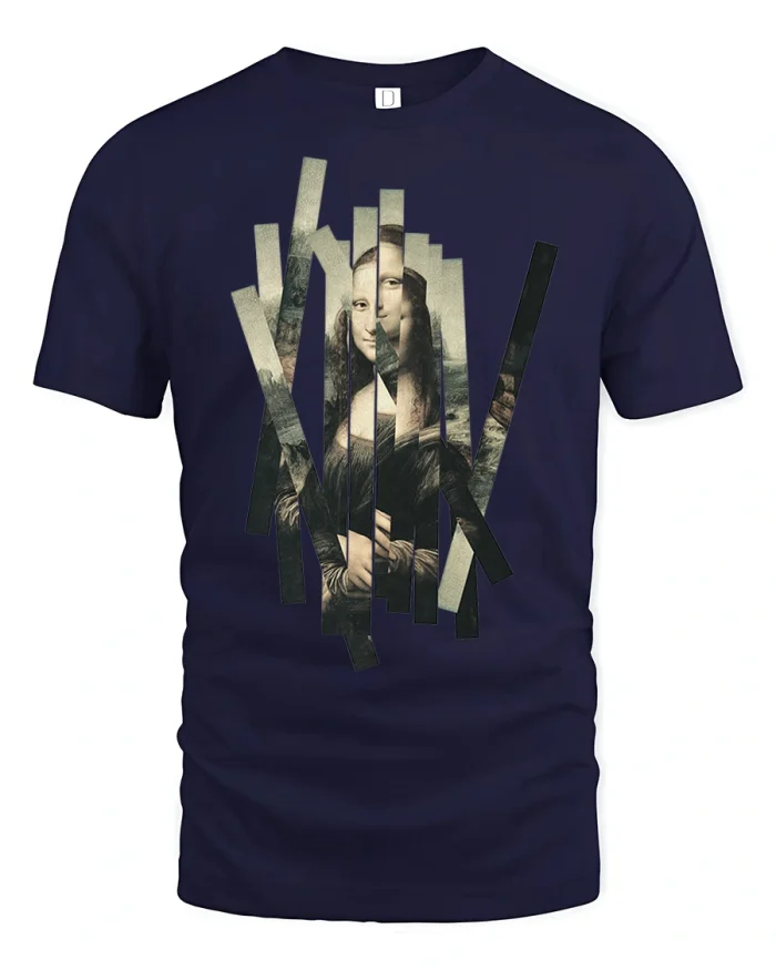 Mona Lisa Abstract Strip Art Graphic T Shirt Design - navy t-shirt on white background