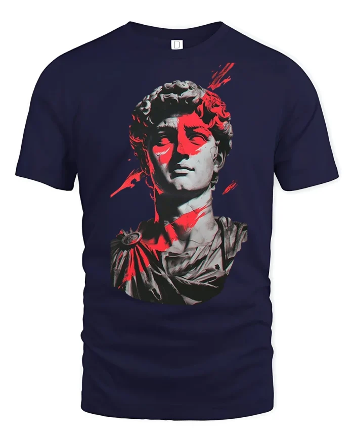 David Statue Red Brush Art Graphic T Shirt Design - navy t-shirt on white background