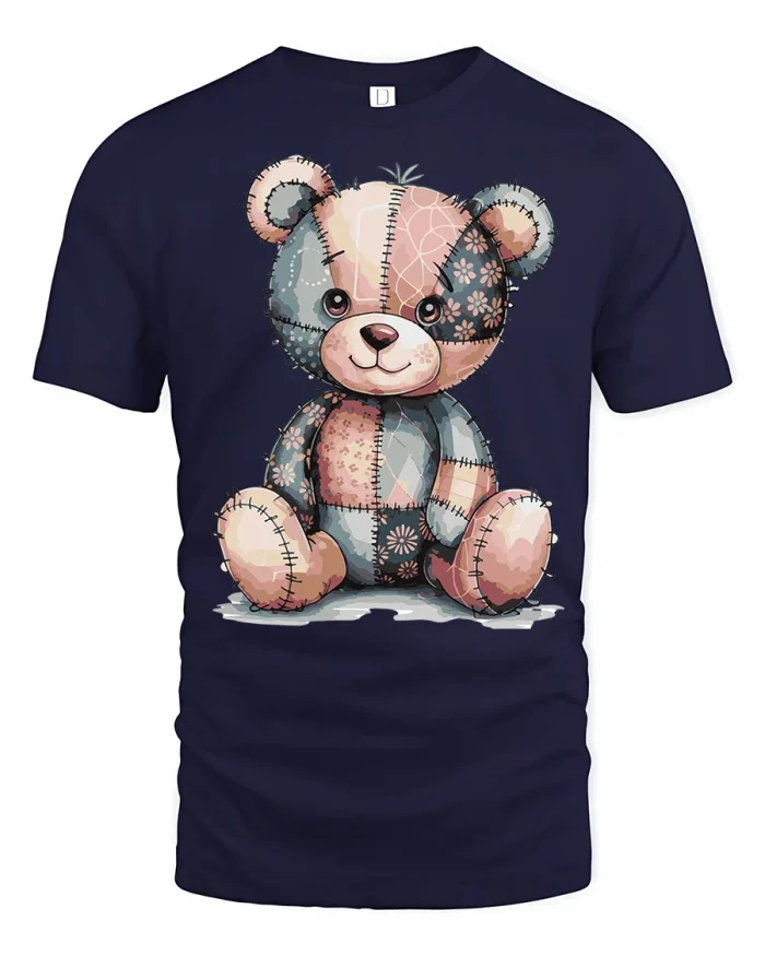 Cute Patchwork Teddy Bear Graphic T Shirt Vintage Style - navy t-shirt on white background