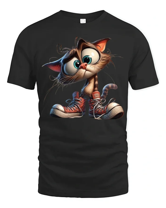 Cute Big Eyes Cat Sneakers Graphic Tshirt Funny Cartoon Style - black t-shirt on white background