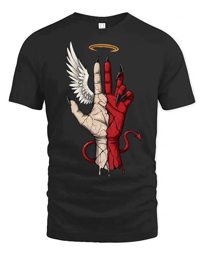 Angel Devil Hand Balance Graphic Tshirt Dark Light Symbol Art - black t-shirt on white background