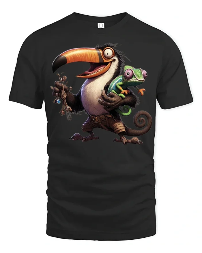Funny Toucan And Chameleon Cartoon Graphic Tshirt Jungle Fun - black t-shirt on white background