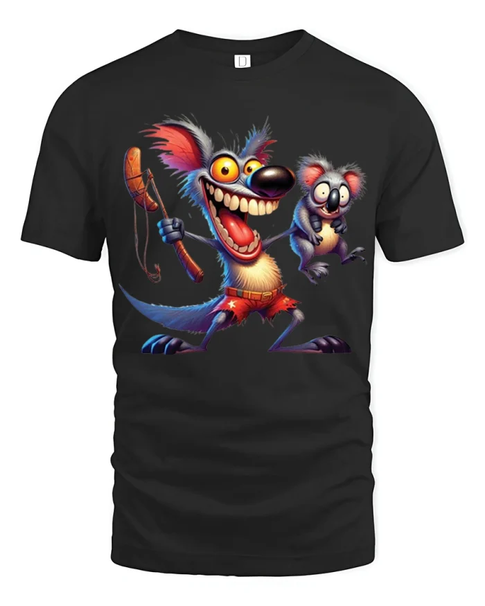 Crazy Cartoon Kangaroo With Koala Funny Adventure Tshirt - black t-shirt on white background