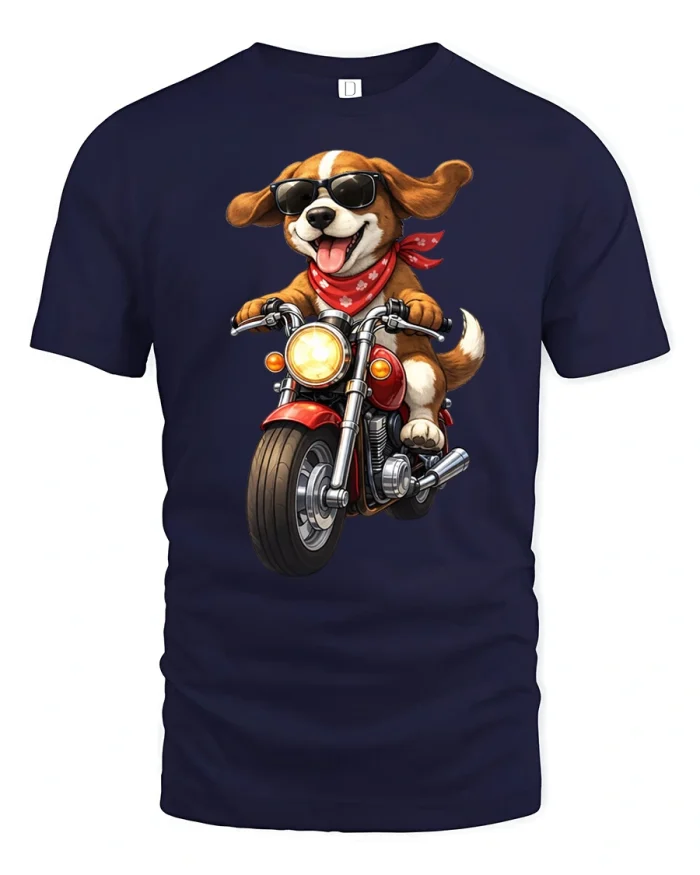 Cool Biker Dog Riding Motorcycle Funny Cartoon Graphic Tshirt - navy t-shirt on white background