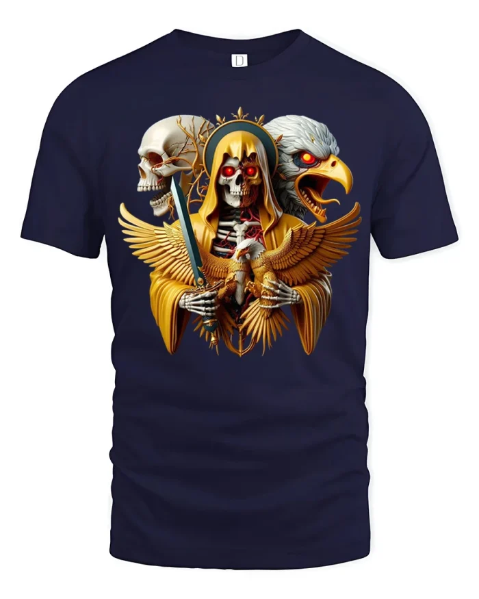 Dark Reaper Eagle Skull Fantasy Warrior Graphic Tshirt - navy t-shirt on white background