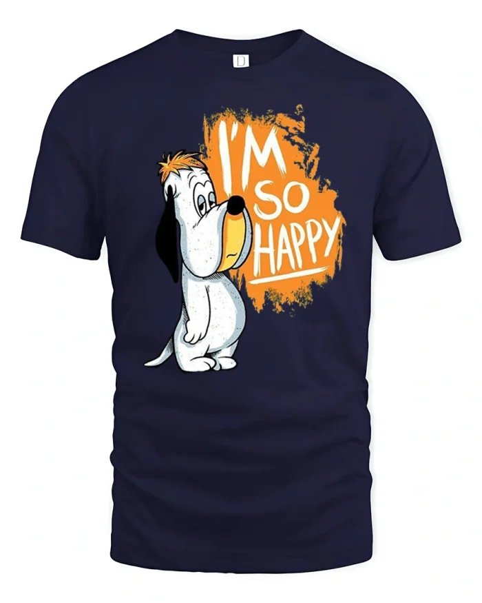 Funny Sad Dog I Am So Happy Irony Humor Graphic Tshirt - navy t-shirt on white background
