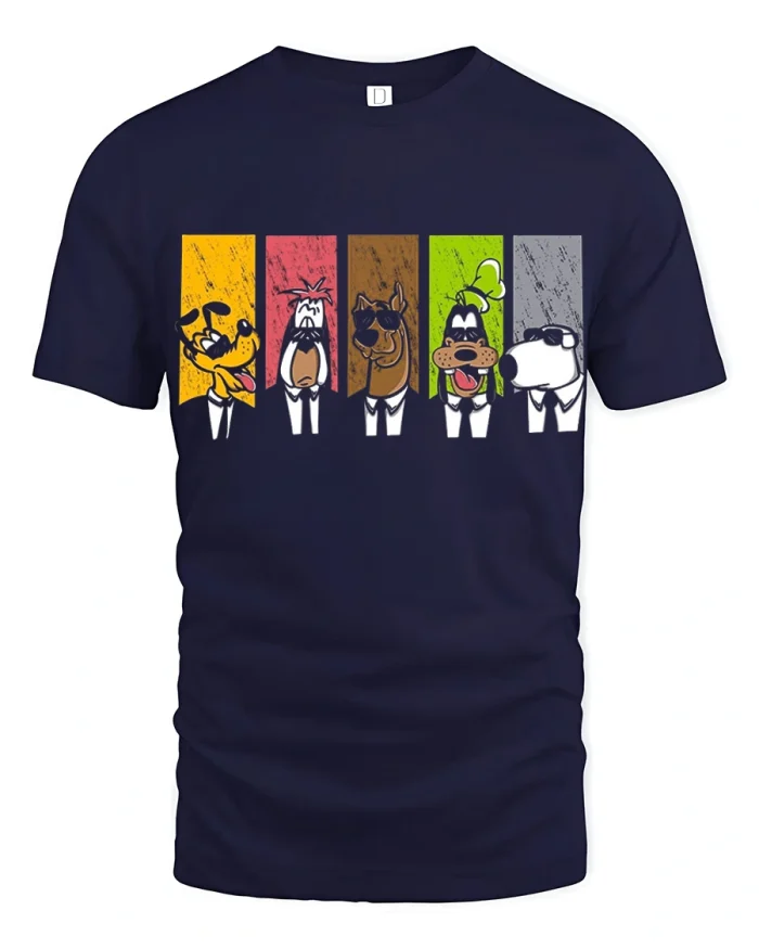 Funny Cartoon Dog Squad Retro Panel Graphic T Shirt - navy t-shirt on white background