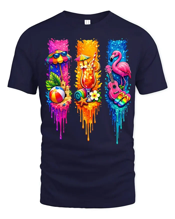 Colorful Summer Beach Vibes Flamingo Cocktail Graphic T Shirt - navy t-shirt on white background