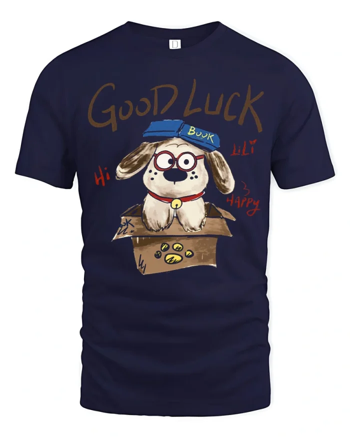 Cute Good Luck Puppy Reading Book Funny Cartoon Graphic T Shirt - navy t-shirt on white background