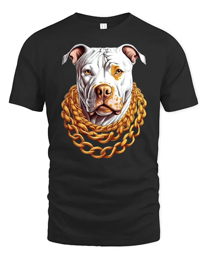 Gold Chain Pitbull Boss Graphic Tshirt Bold Street Dog Power Style - black t-shirt on white background