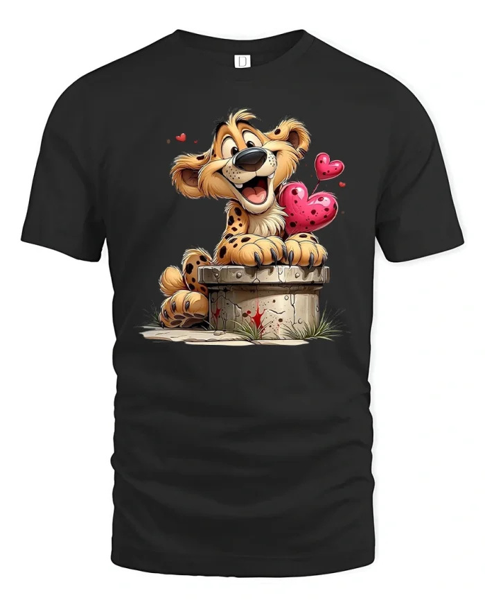 Cute Happy Leopard Cub Love Hearts Graphic Tshirt Funny Cartoon Style - black t-shirt on white background