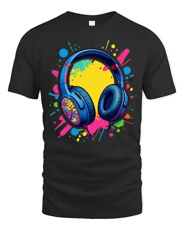 Color Splash Headphones Music Lover Graphic Tshirt Vibrant Sound Vibes - black t-shirt on white background