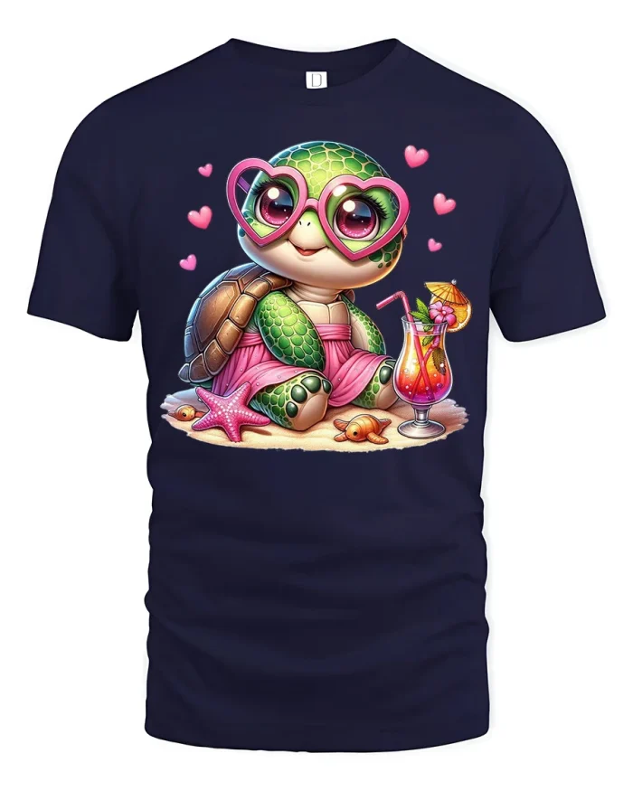 Cute Beach Turtle With Heart Glasses Graphic Tshirt Summer Vibes - navy t-shirt on white background