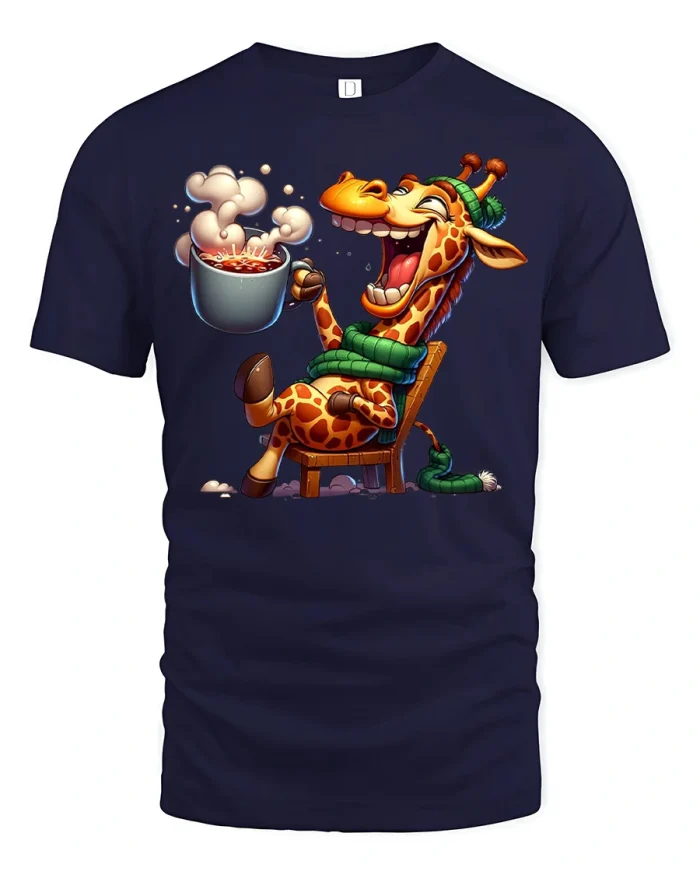 Funny Cozy Giraffe Drinking Hot Coffee Graphic Tshirt Winter Humor - navy t-shirt on white background
