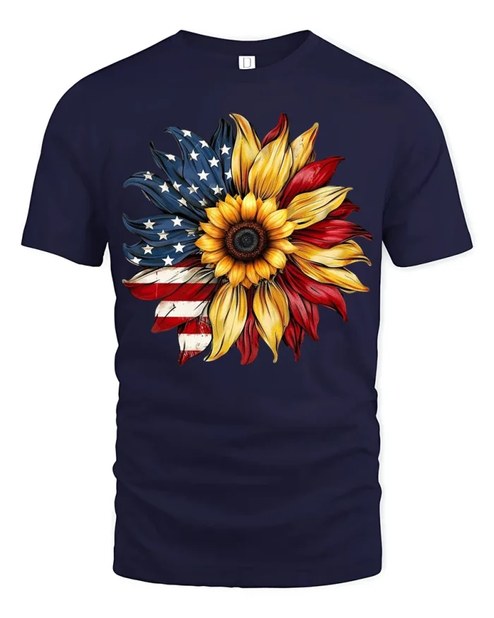 Patriotic American Flag Sunflower Graphic Tshirt Rustic Freedom Style - navy t-shirt on white background