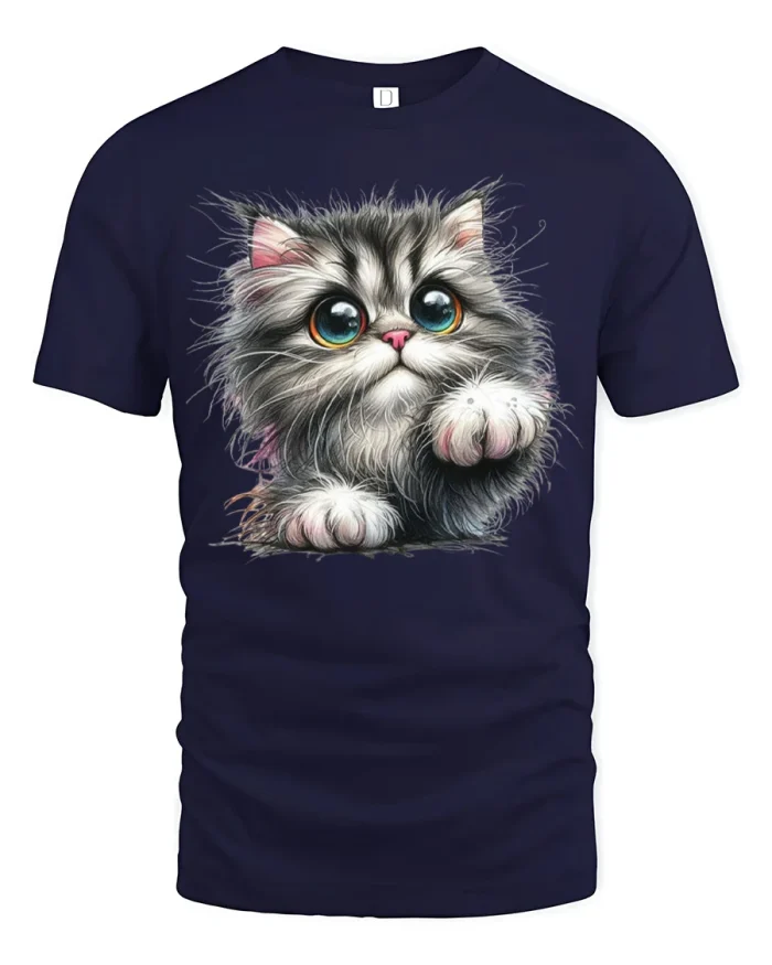 Adorable Fluffy Big Eyed Kitten Graphic Tshirt Cute Cat Lover Style - navy t-shirt on white background