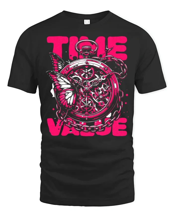 Time Value Motivational Clock Butterfly Graphic T Shirt - black t-shirt on white background
