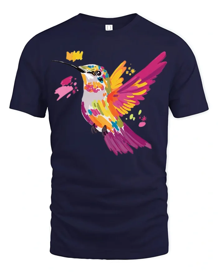 Colorful Hummingbird Paint Splash Artistic Bird Graphic T Shirt - navy t-shirt on white background