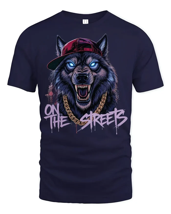 On The Streets Wolf Graphic T Shirt Urban Street Style Animal Tee - navy t-shirt on white background