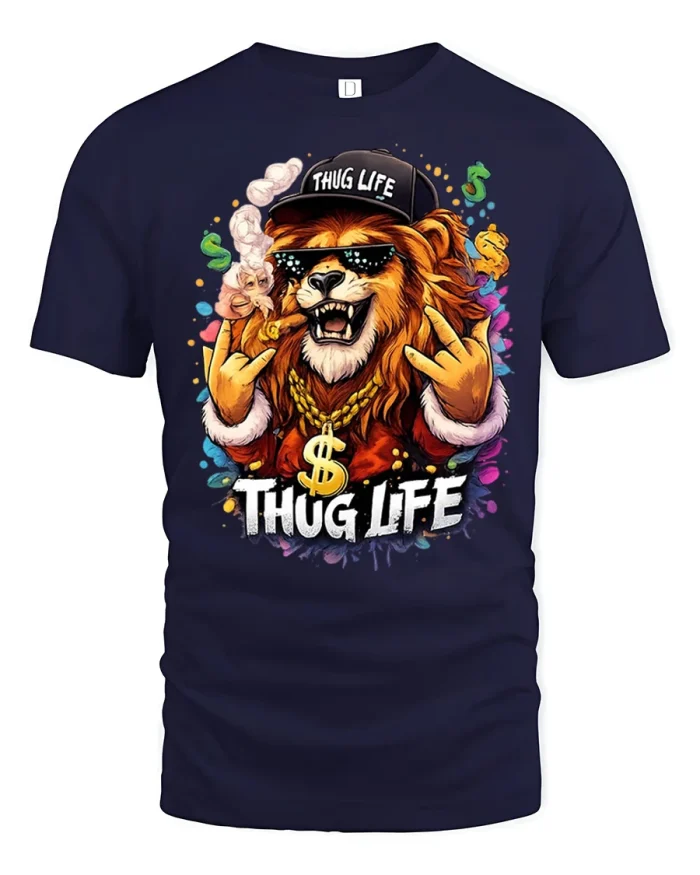 Thug Life Lion Graphic T Shirt Funny Street King Animal Tee - navy t-shirt on white background