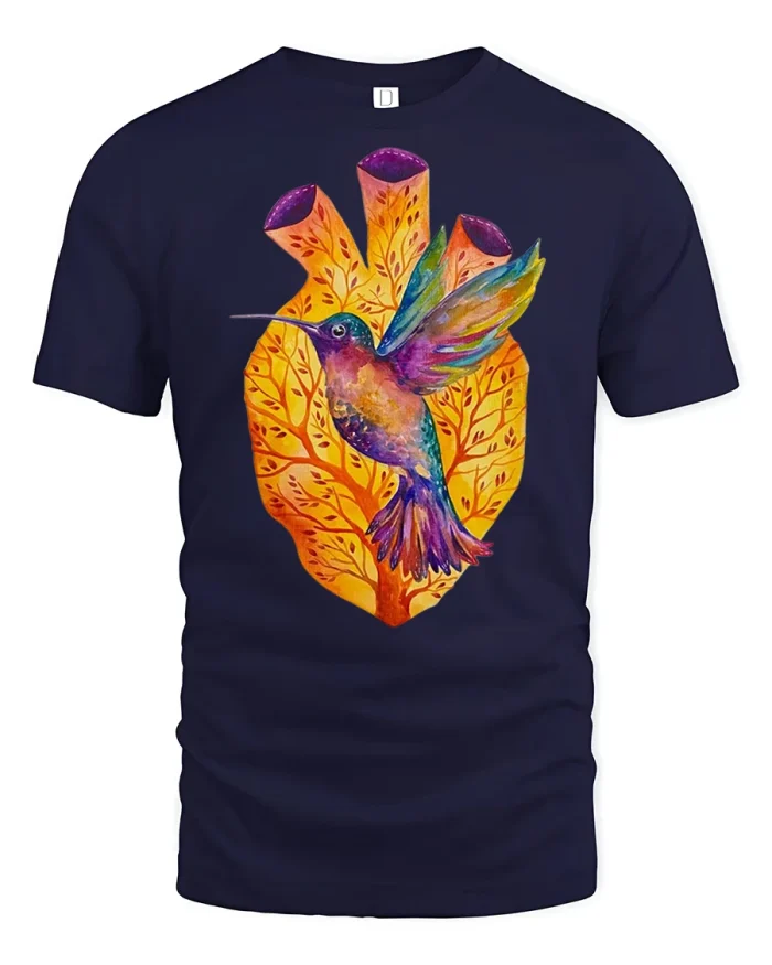 Colorful Hummingbird Heart Anatomy Graphic T Shirt Artistic Nature Tee - navy t-shirt on white background