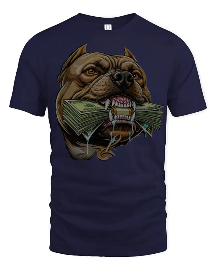 Money Hungry Pitbull Dog Graphic T Shirt Funny Gangster Dog Tee - navy t-shirt on white background