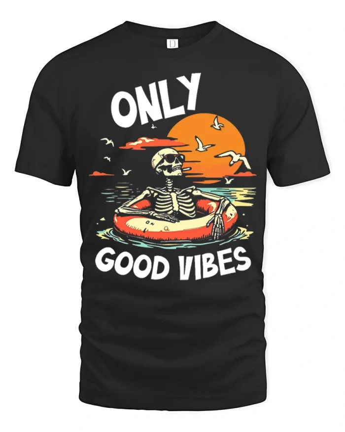 Only Good Vibes Skeleton Beach Graphic T Shirt Funny Summer Vibe Tee - black t-shirt on white background