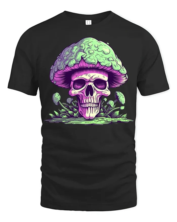 Psychedelic Skull Mushroom Graphic T Shirt Trippy Fantasy Art Tshirt - black t-shirt on white background