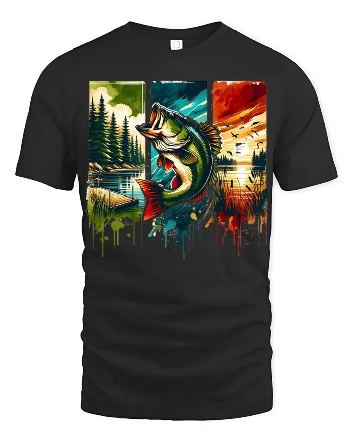 Vintage Bass Fishing Graphic T Shirt Colorful Lake Sunset Art Tshirt - black t-shirt on white background