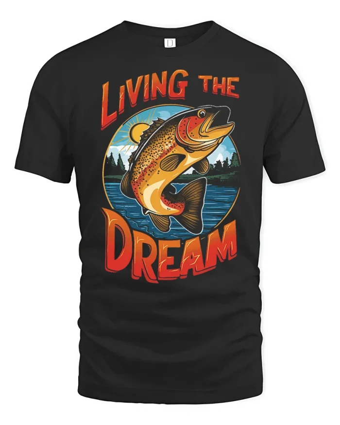 Living The Dream Fishing Graphic T Shirt Vintage Lake Adventure Tee - black t-shirt on white background