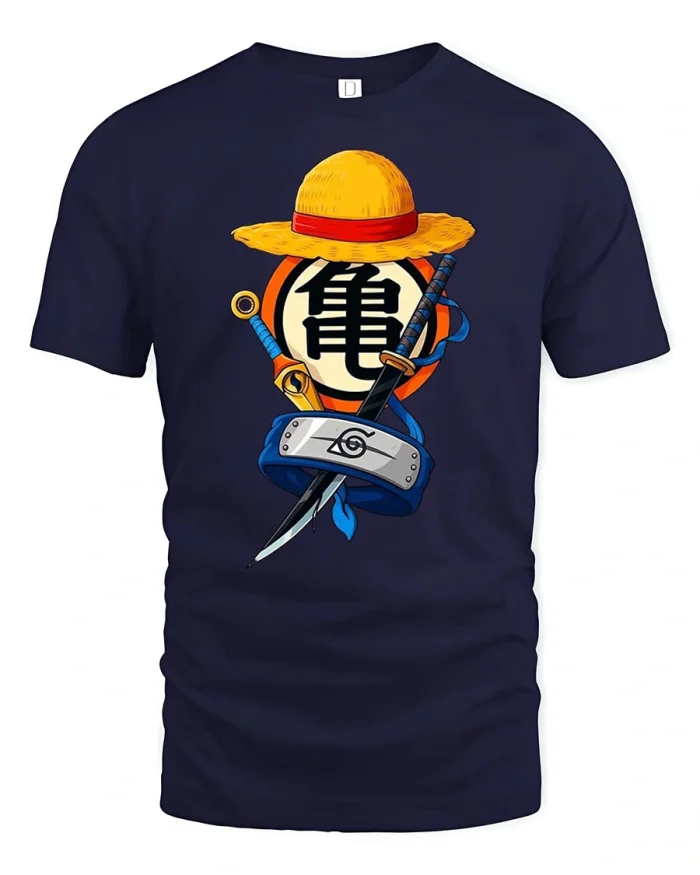 Pirate Adventure Anime Inspired Graphic T Shirt Straw Hat Warrior Tee - navy t-shirt on white background