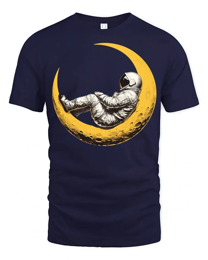 Dreamy Astronaut Relaxing On Crescent Moon Graphic T Shirt Space Art Tee - navy t-shirt on white background