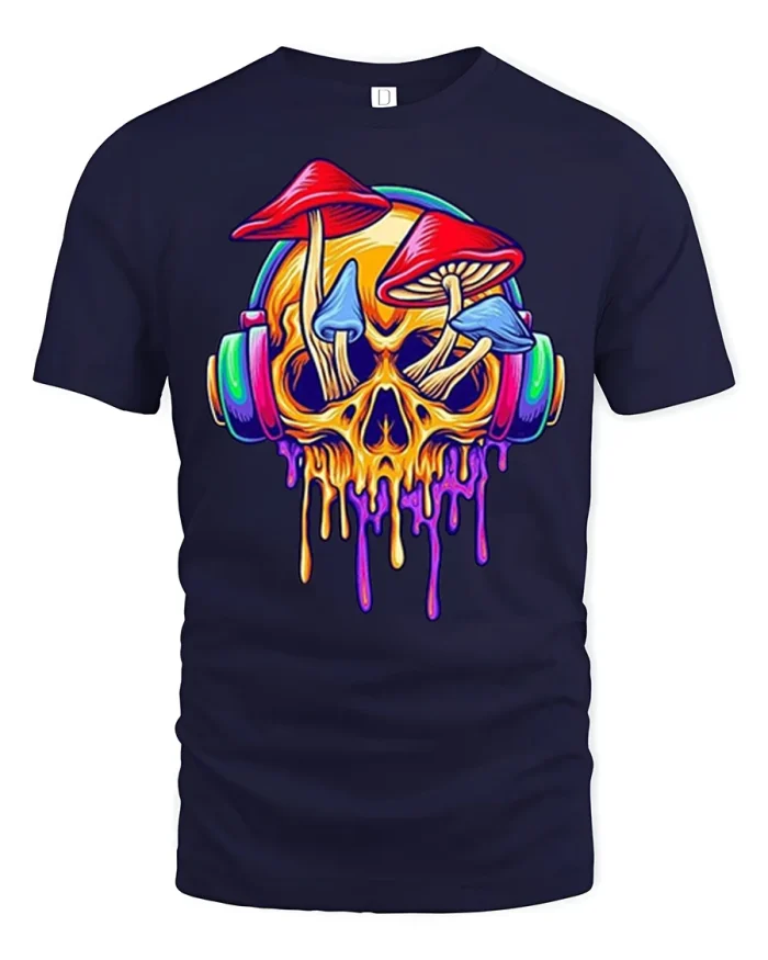 Trippy Melting Skull With Mushrooms And Headphones Graphic T Shirt - navy t-shirt on white background