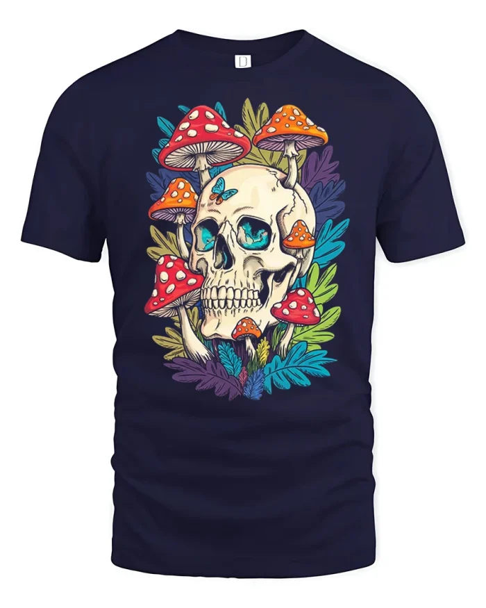 Psychedelic Skull With Colorful Mushrooms And Butterfly Graphic T Shirt - navy t-shirt on white background