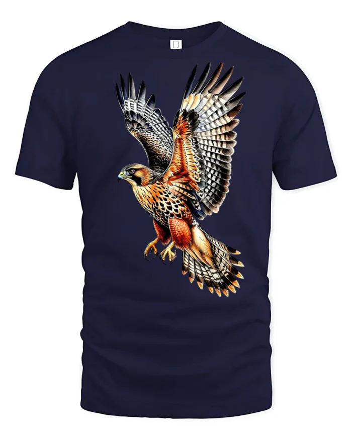 Majestic Flying Hawk Bird Of Prey Wildlife Graphic T Shirt Nature Art Tee - navy t-shirt on white background