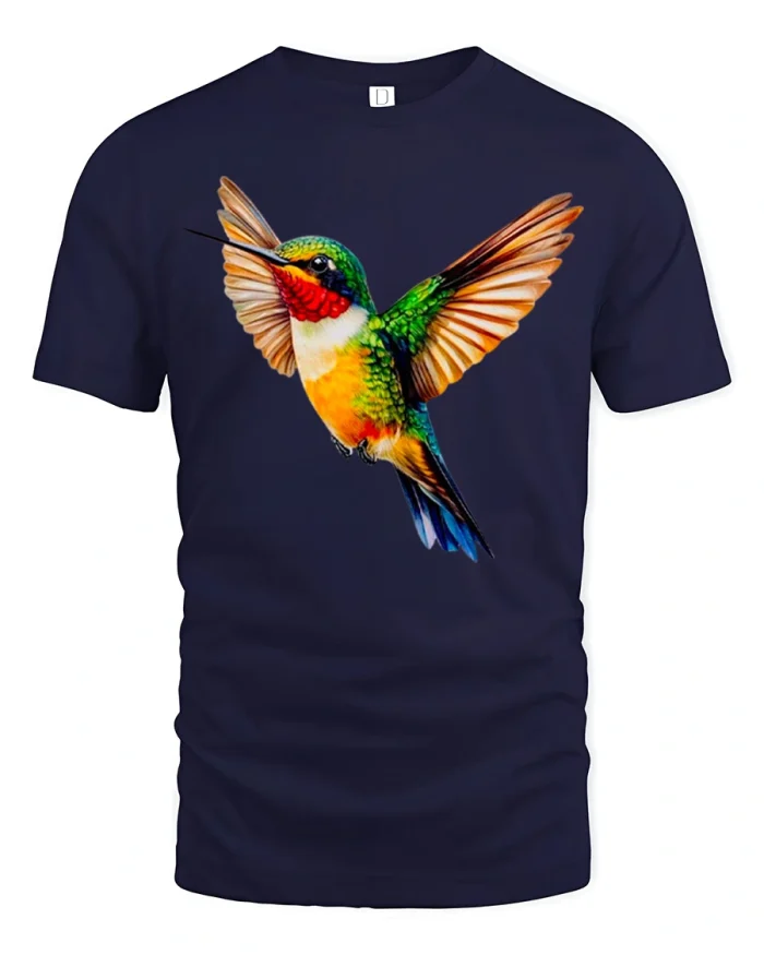 Colorful Hummingbird In Flight Nature Wildlife Graphic T Shirt Art Tee - navy t-shirt on white background