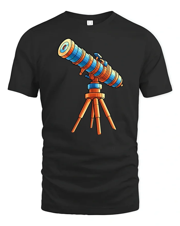 Retro Space Telescope Graphic T Shirt Cosmic Stargazer Style - black t-shirt on white background