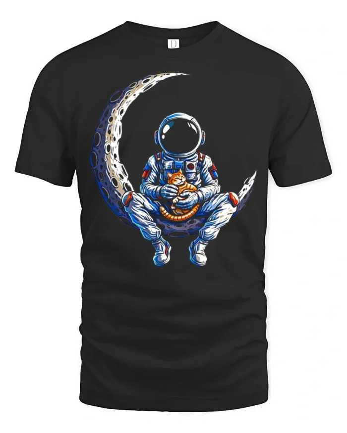 Astronaut Cat On Moon Graphic T Shirt Cute Space Adventure - black t-shirt on white background