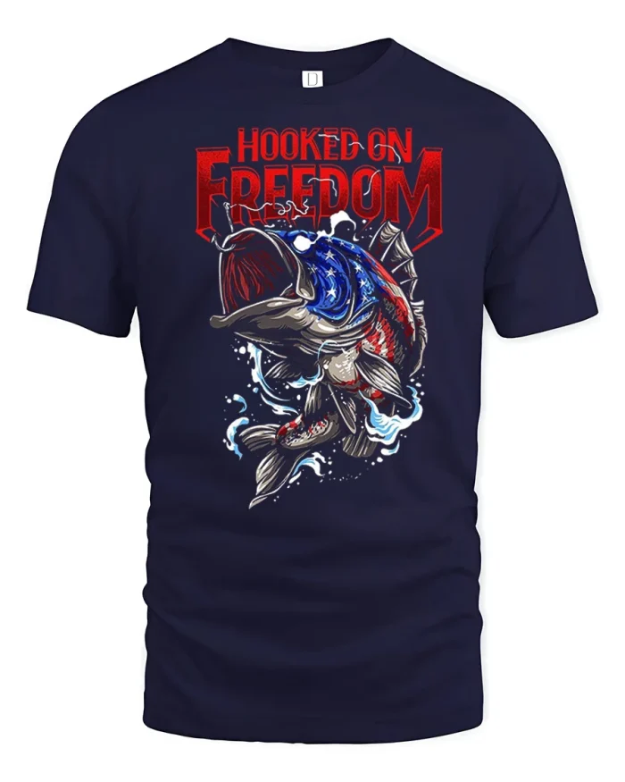 Hooked On Freedom Fishing Graphic T Shirt Patriotic Angler - navy t-shirt on white background