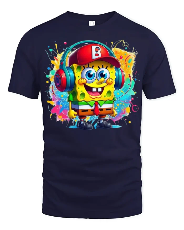 Funny Cartoon Sponge Music Lover Graphic T Shirt Colorful Style - navy t-shirt on white background