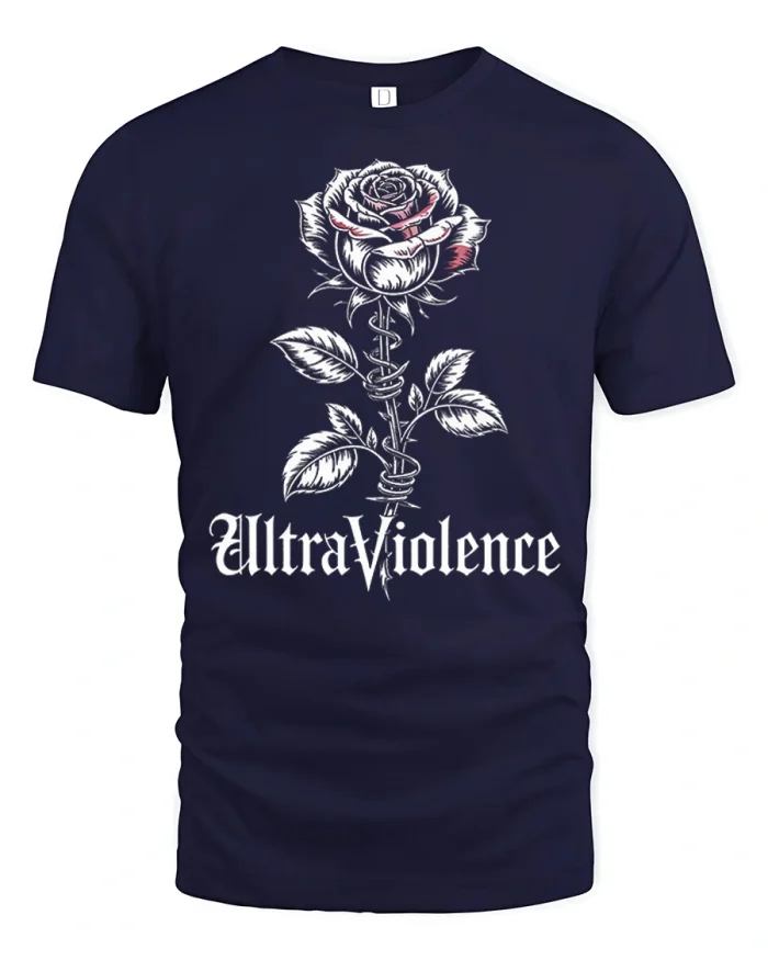 Ultraviolence Gothic Rose Graphic T Shirt Dark Aesthetic Style - navy t-shirt on white background