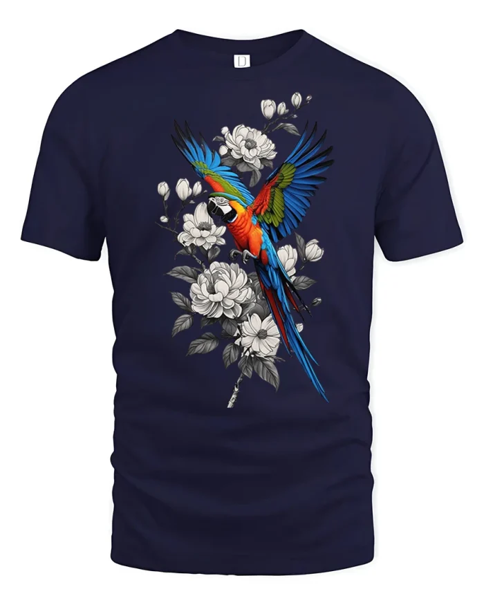 Colorful Parrot Floral Graphic T Shirt Tropical Art Style - navy t-shirt on white background